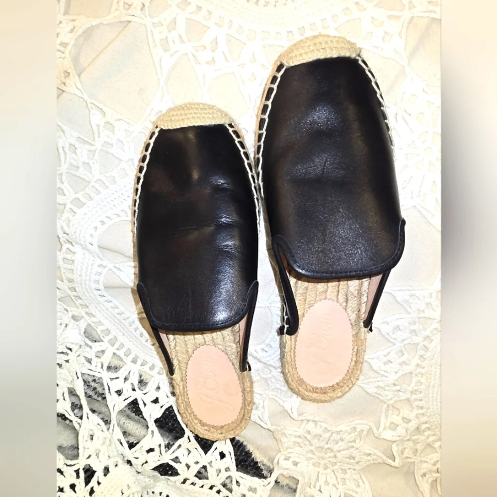 J Crew, Black Leather Slide Mule Espadrilles, Womens 6 1/2 Shoes